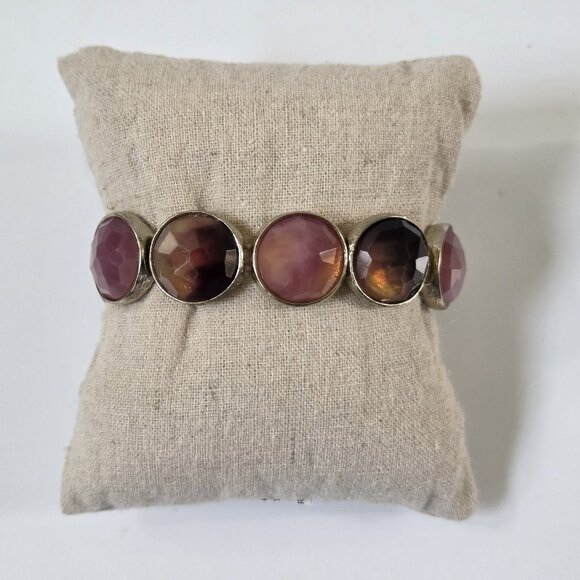 Trifari Jewelry - Vintage Crown Trifari Bracelet Pink Brown Faceted Stone Goldtone Stretch